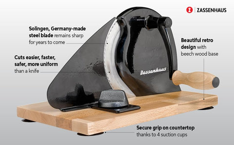 Zassenhaus slicer in use cutting sourdough—uniform slices for serving