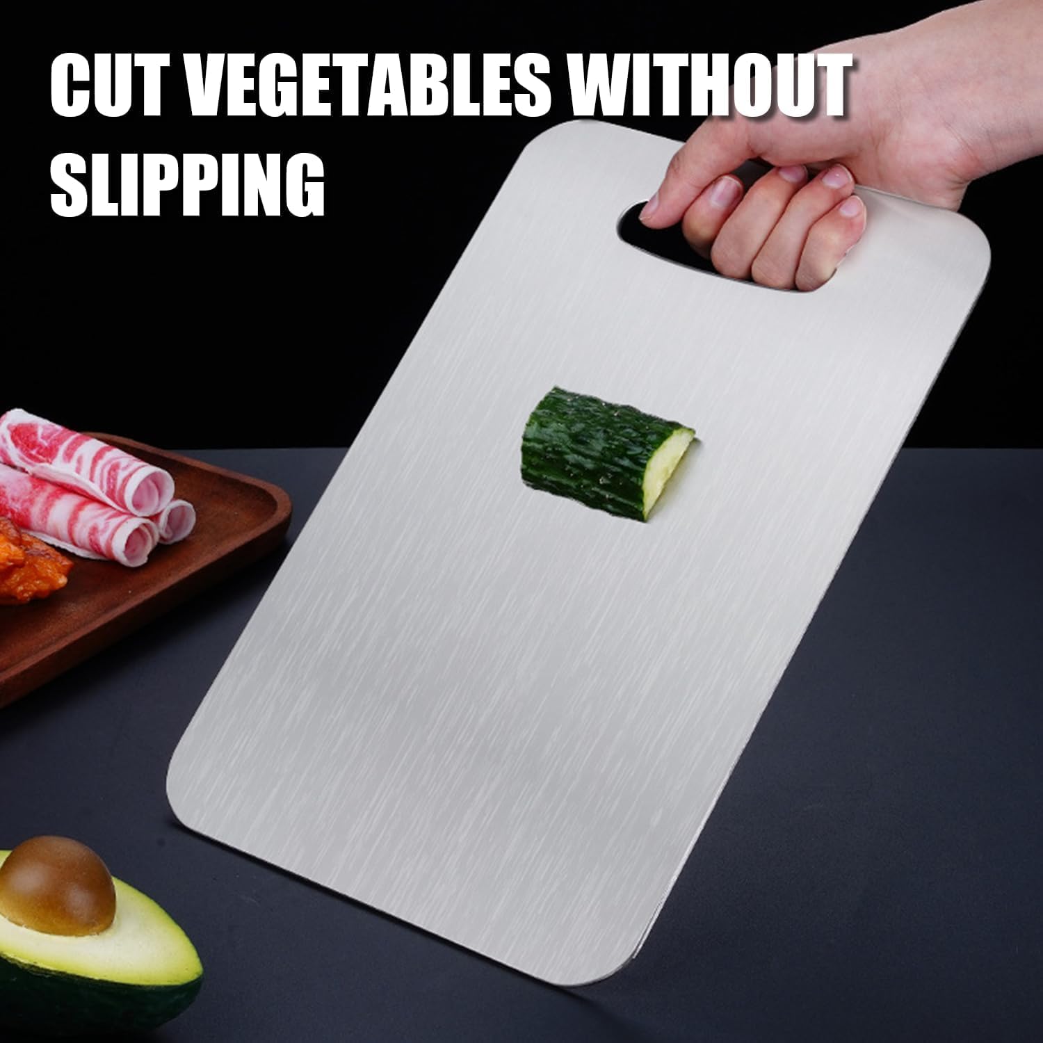 Zaucet double-sided board showing one side for produce and one for meat safety