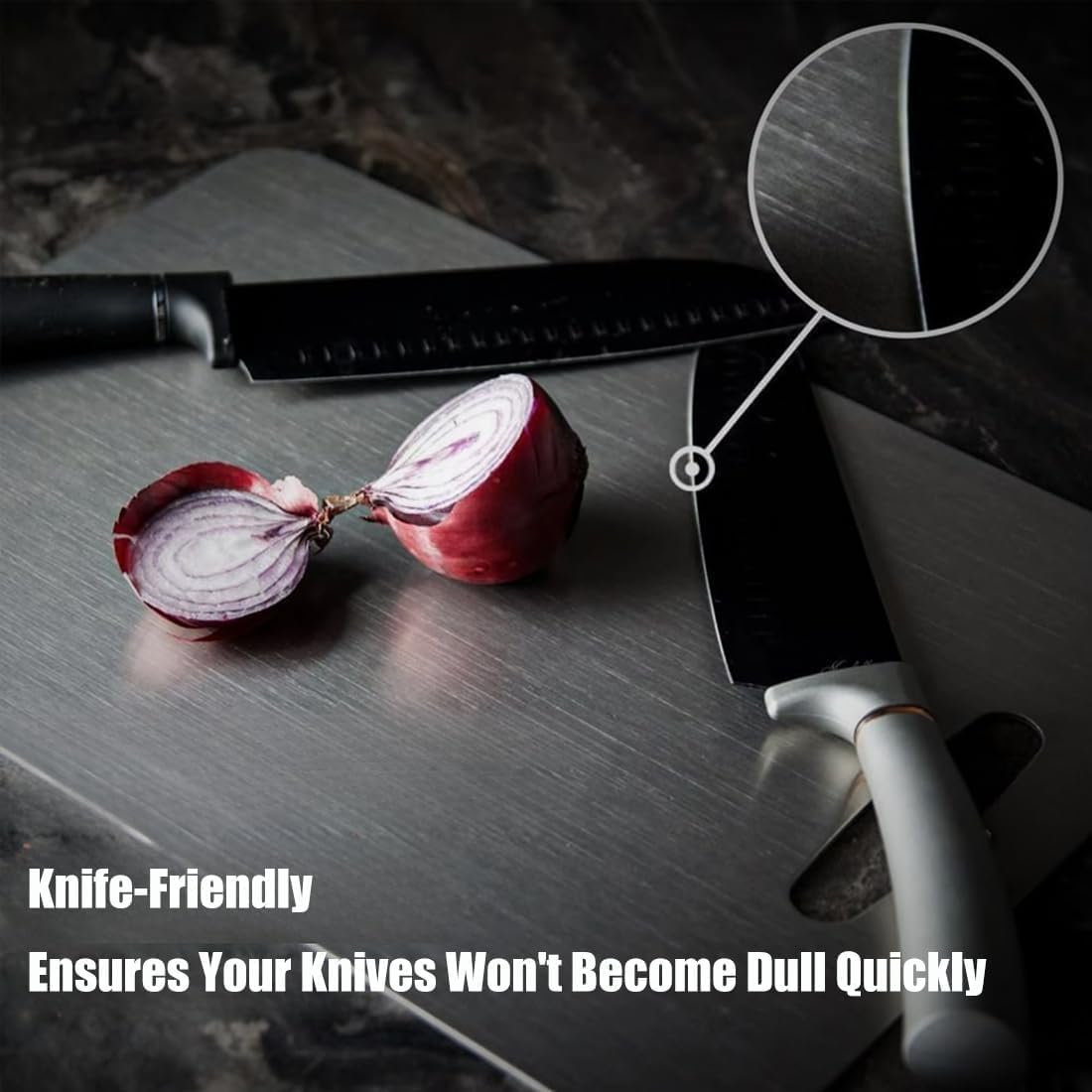 Zaucet board next to chef knife showing scale and reliable prep surface benefit