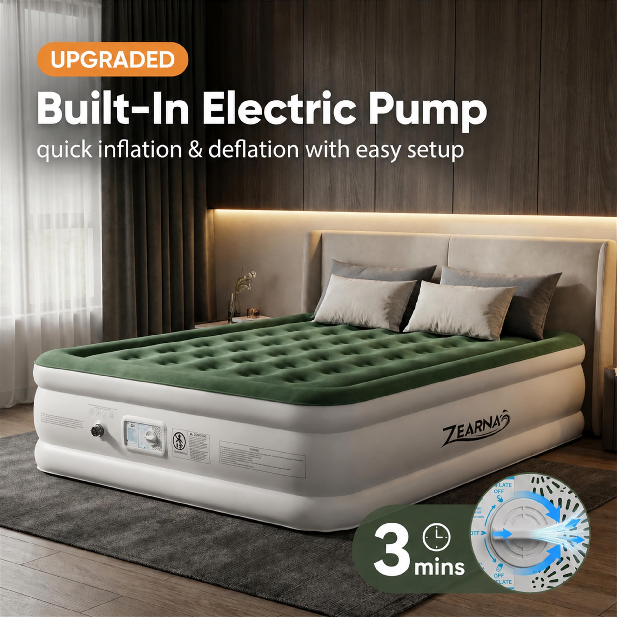 Zearna built-in pump detail showing integrated motor enabling quick inflation
