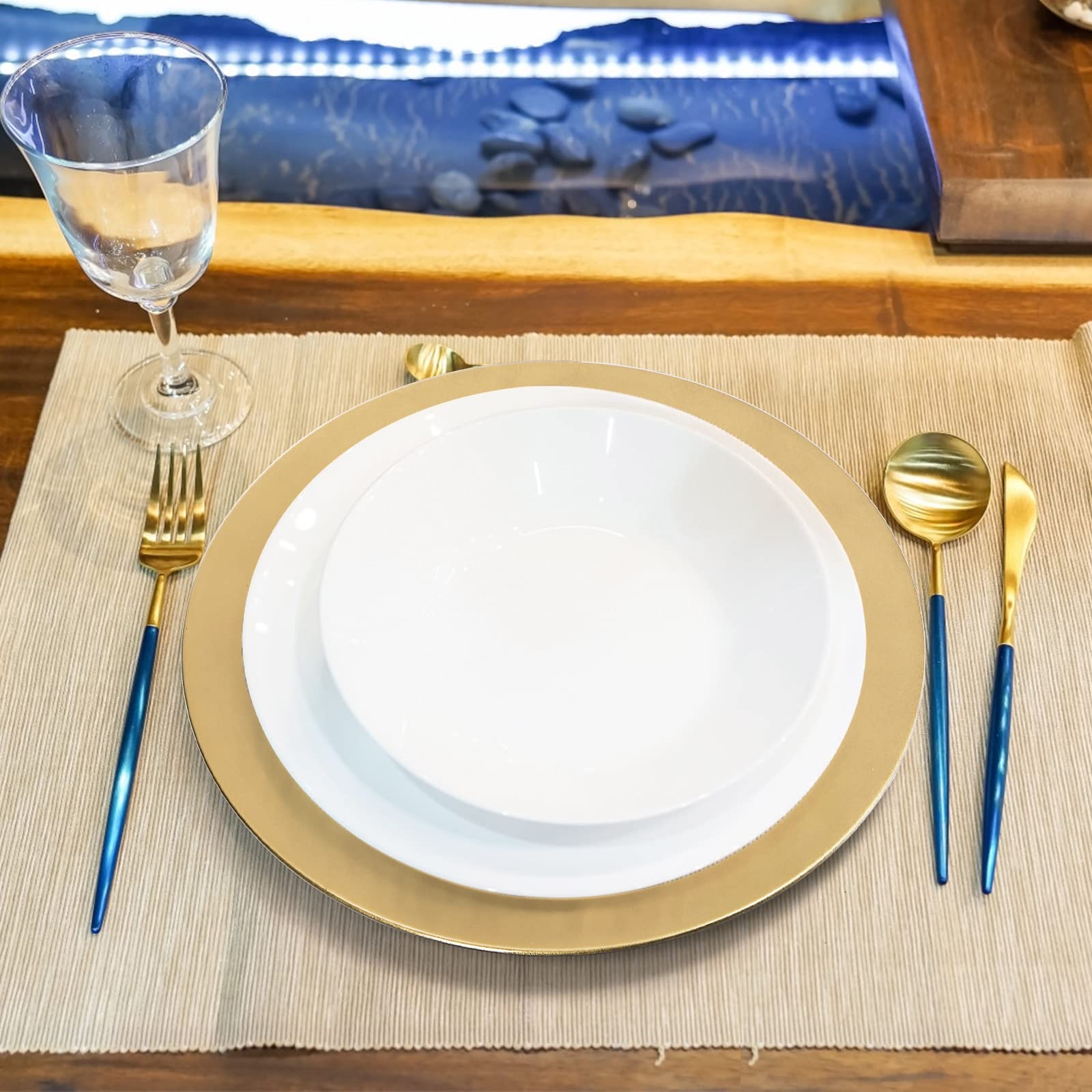 ZEAYEA charger beside dinner plate showing 13-inch size and generous decorative border