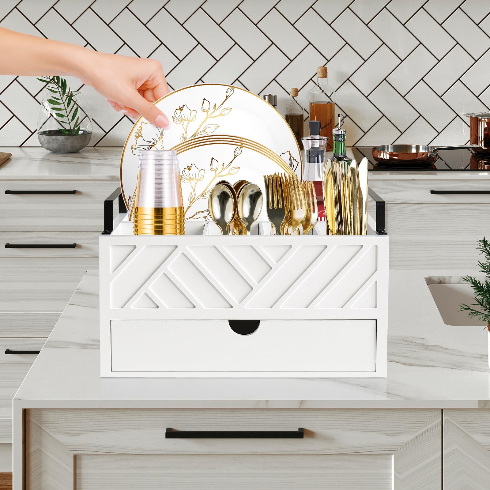 Zecela drawer open storing condiments and small items for tidy serving