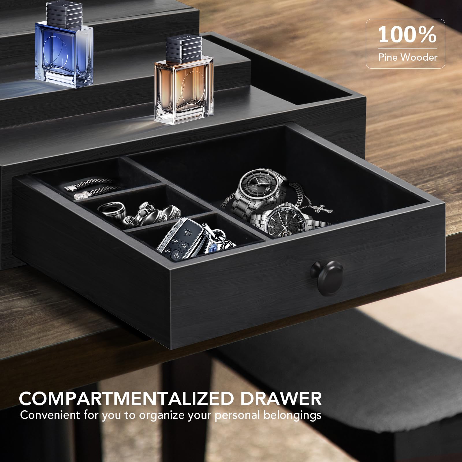 Zecela on dresser with multiple cologne bottles organized for quick selection