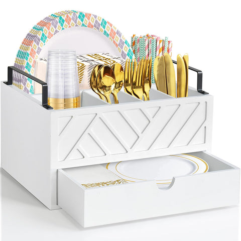 Zecela front view of paper plate dispenser showing organized compartments and quick access