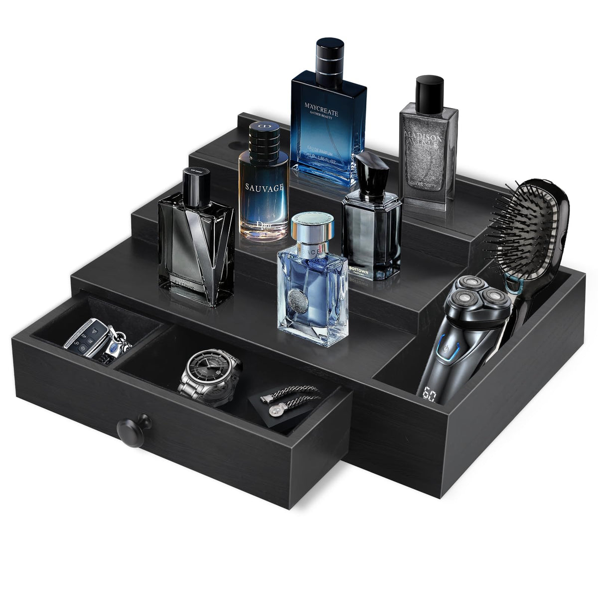 Zecela front view of wooden cologne stand showing neat bottle display and elegant finish
