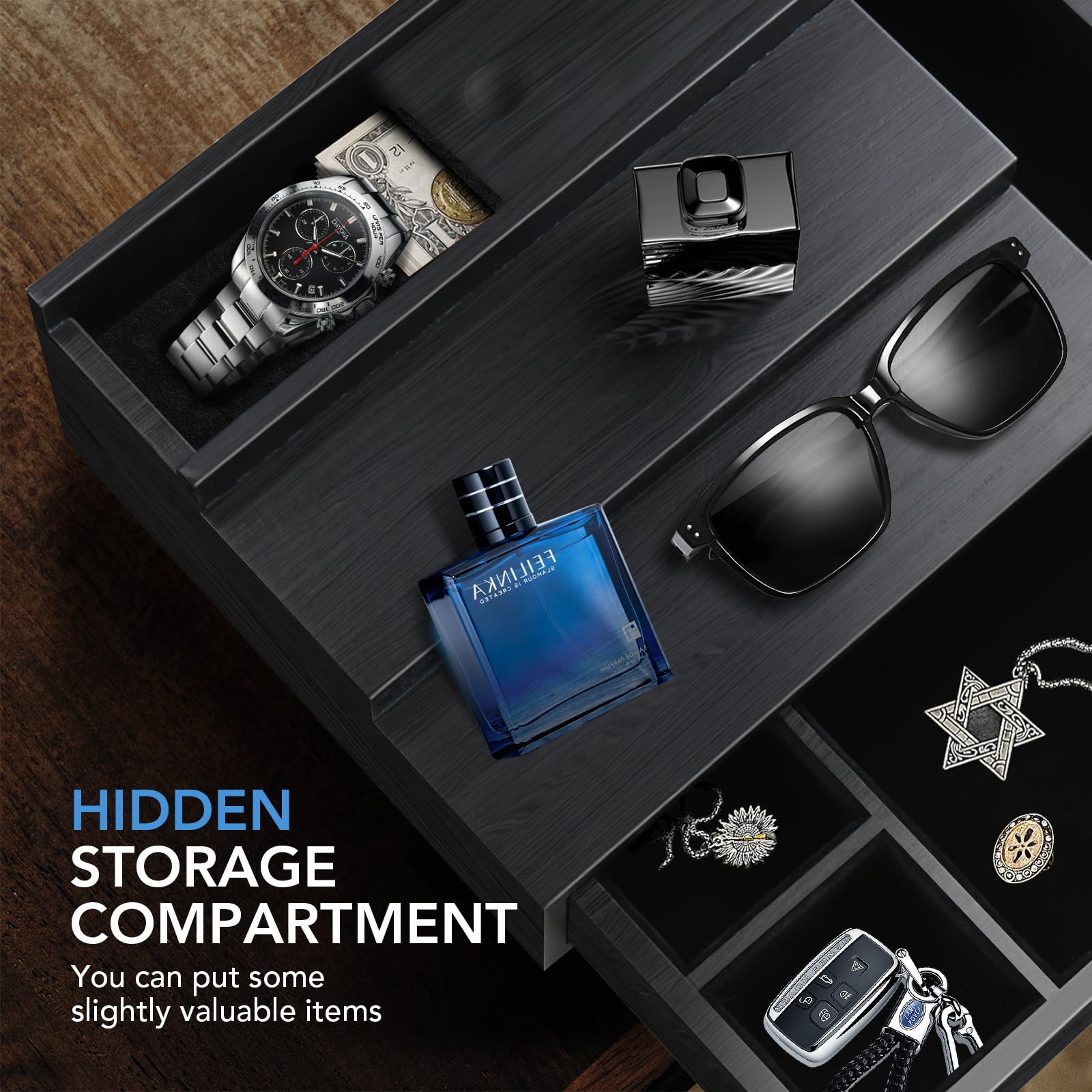 Zecela open drawer revealing hidden compartment that secures watches and small items
