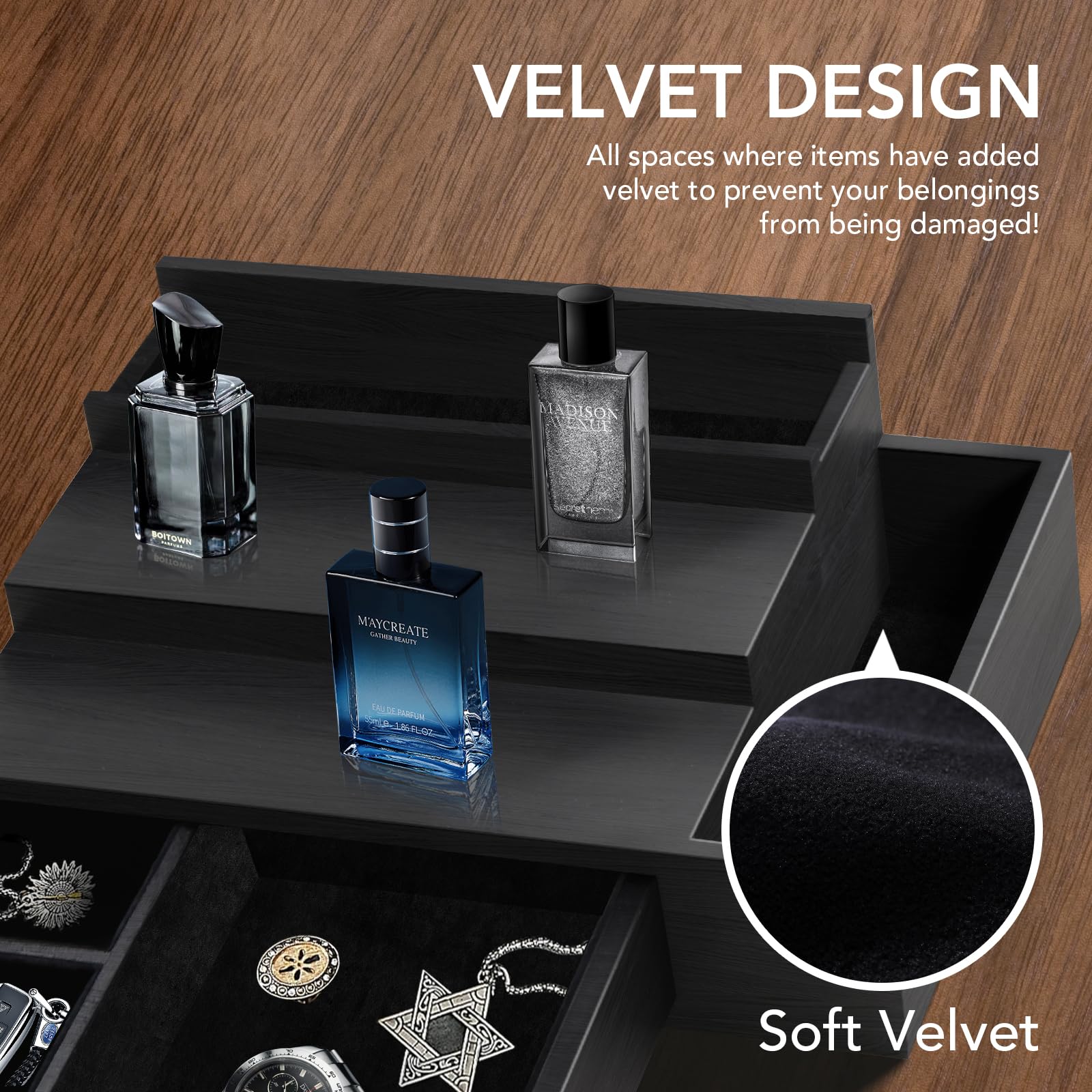 Zecela close-up of velvet lining protecting cologne bottles and jewelry from scratches