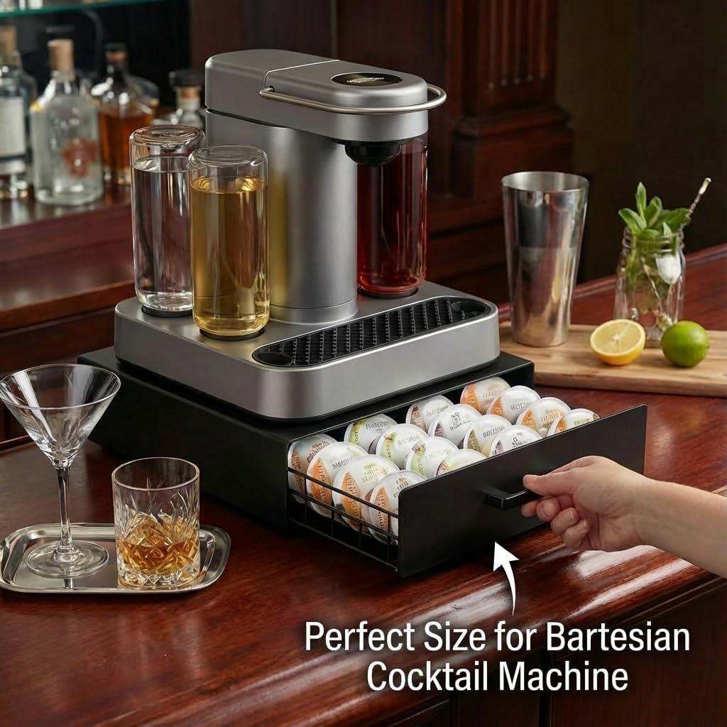 ZECENN drawer placed under cocktail machine showing space-saving benefit