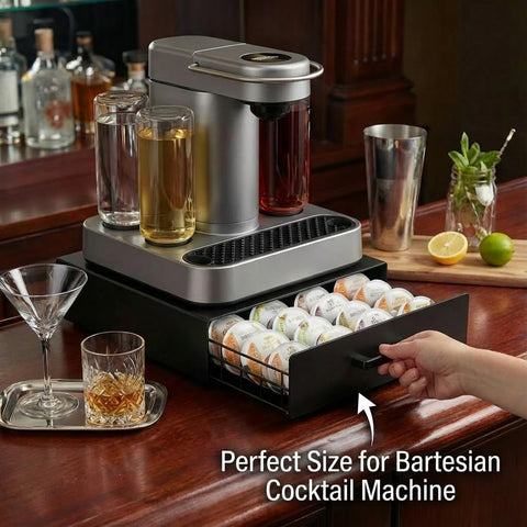ZECENN drawer placed under cocktail machine showing space-saving benefit