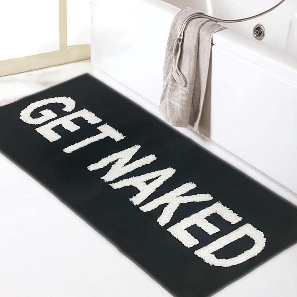 Zeeinx front view showing black rug and white Get Naked text for bold decor