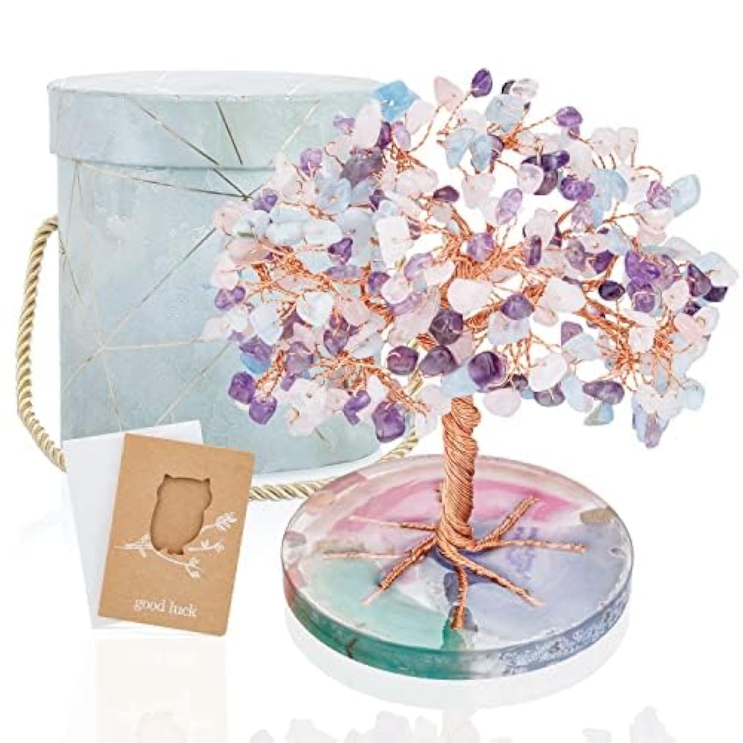 ZenBless crystal tree front view showing full gemstones and balanced design benefit
