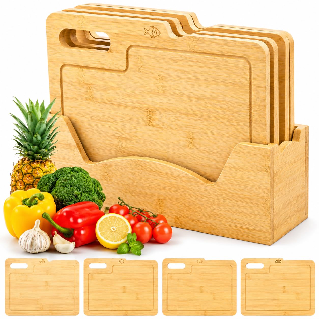 ZENFUN front view of 4-pack bamboo boards and holder showing organization benefit