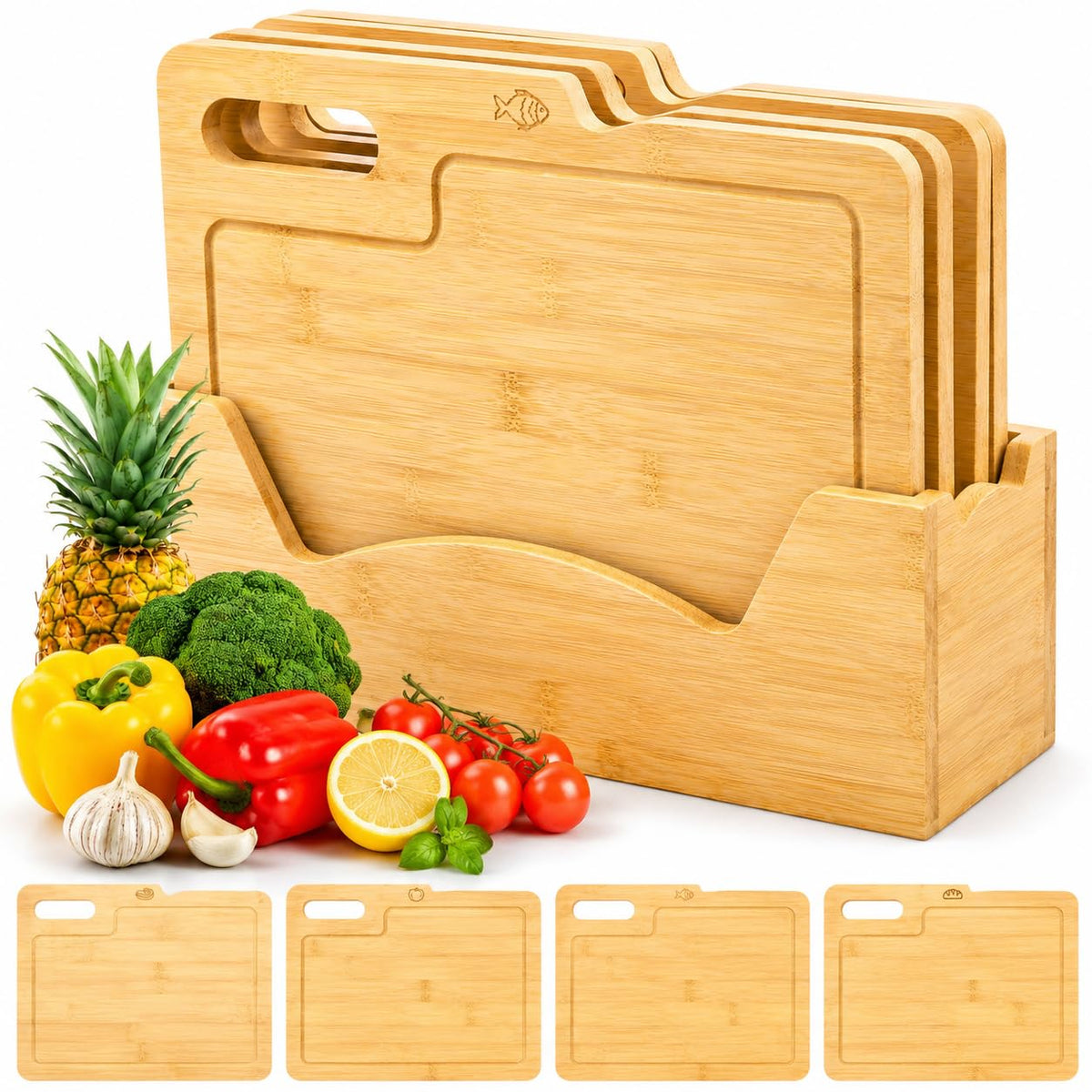 ZENFUN front view of 4-pack bamboo boards and holder showing organization benefit
