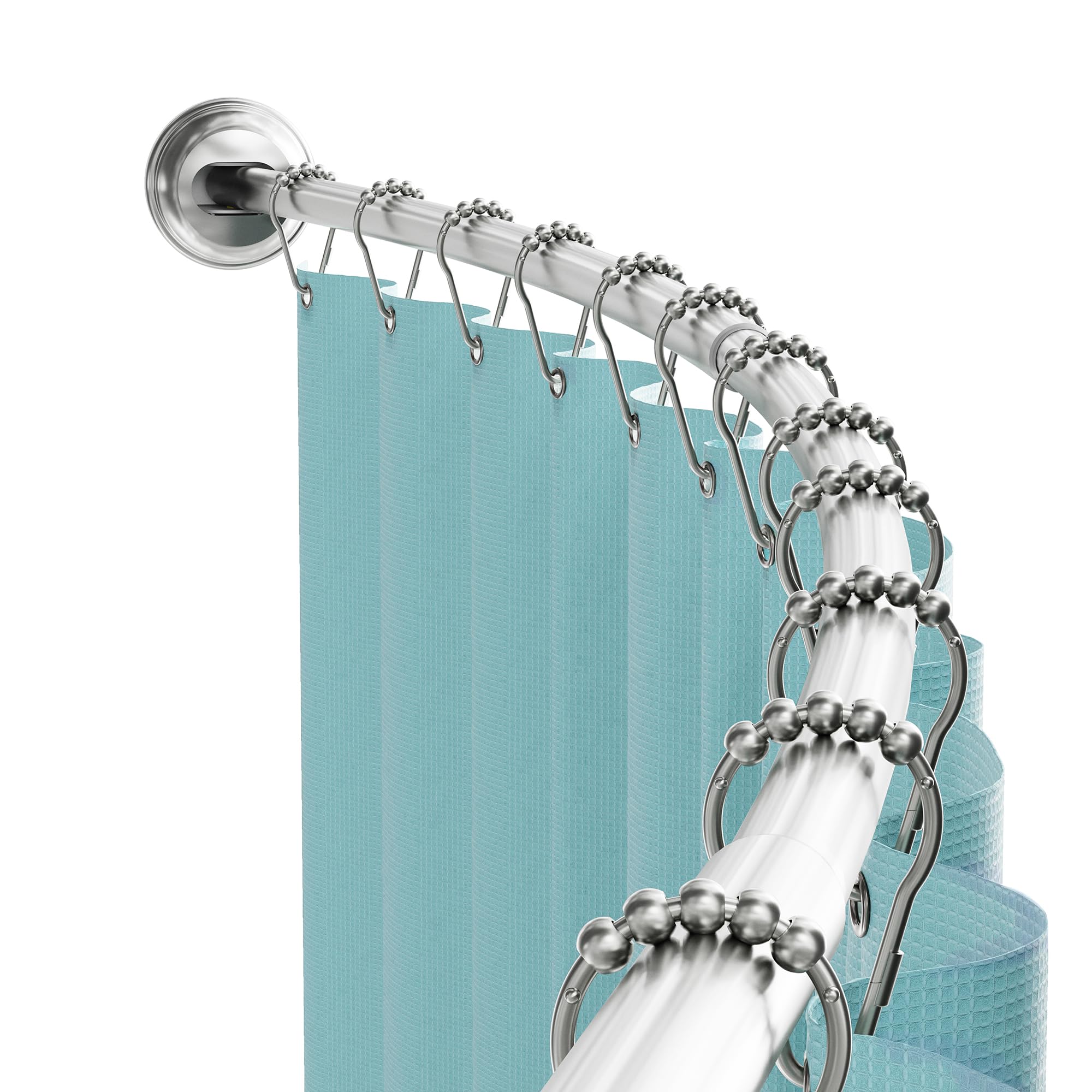 Zenna Home front view of curved rod in satin nickel showing extra shower space