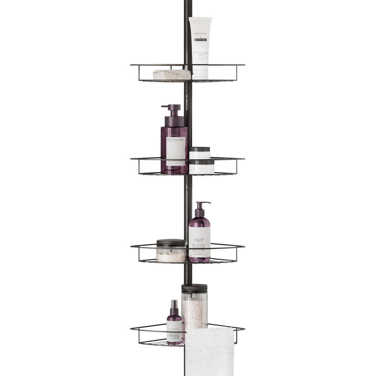 Zenna Home front view of bronze corner caddy showing four baskets and towel bars, organized storage