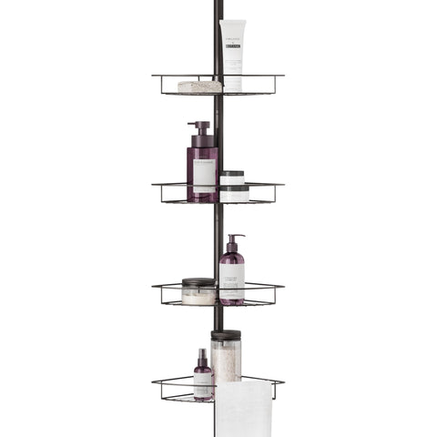 Zenna Home front view of bronze corner caddy showing four baskets and towel bars, organized storage