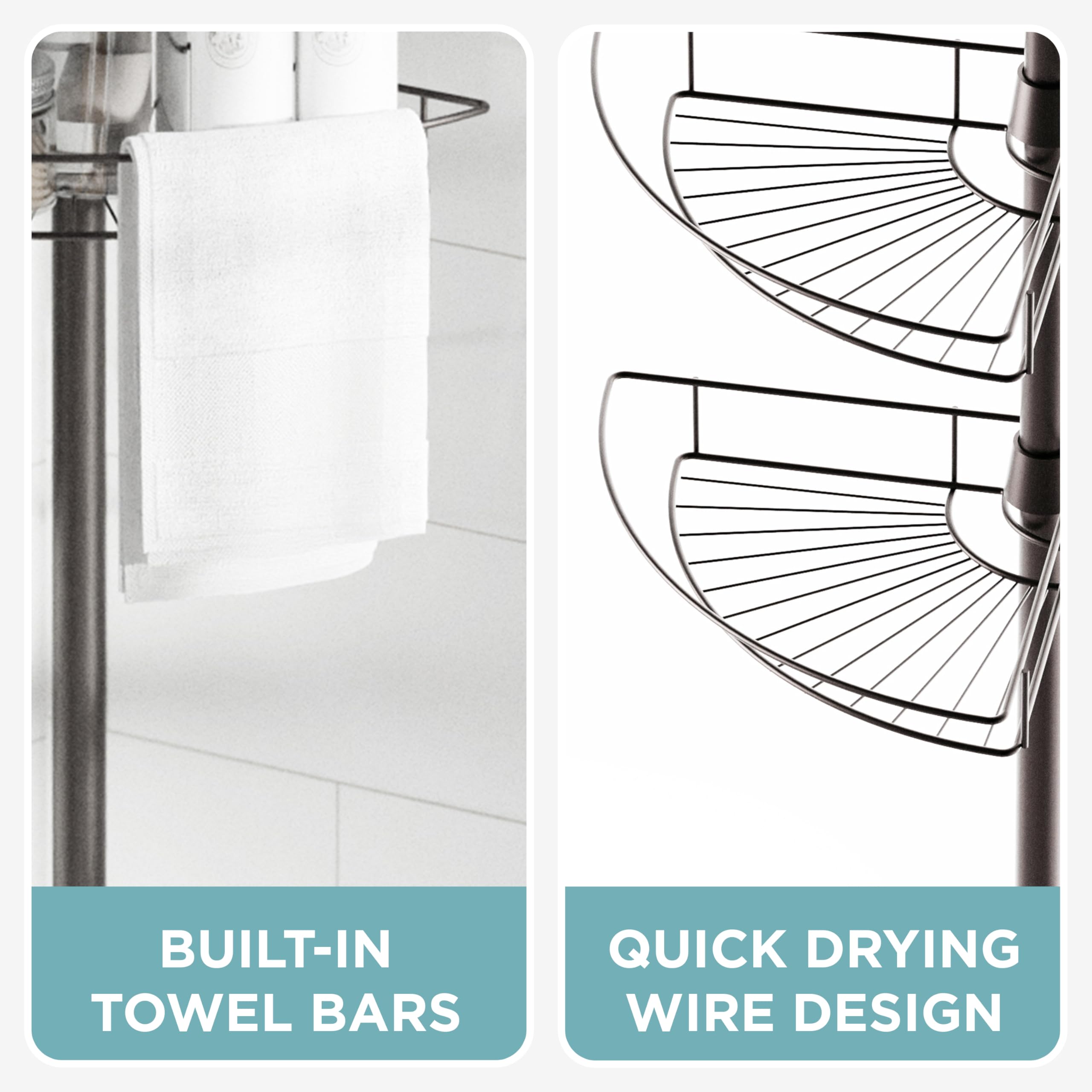 Zenna Home full-height installed caddy in shower showing vertical space-saving benefit