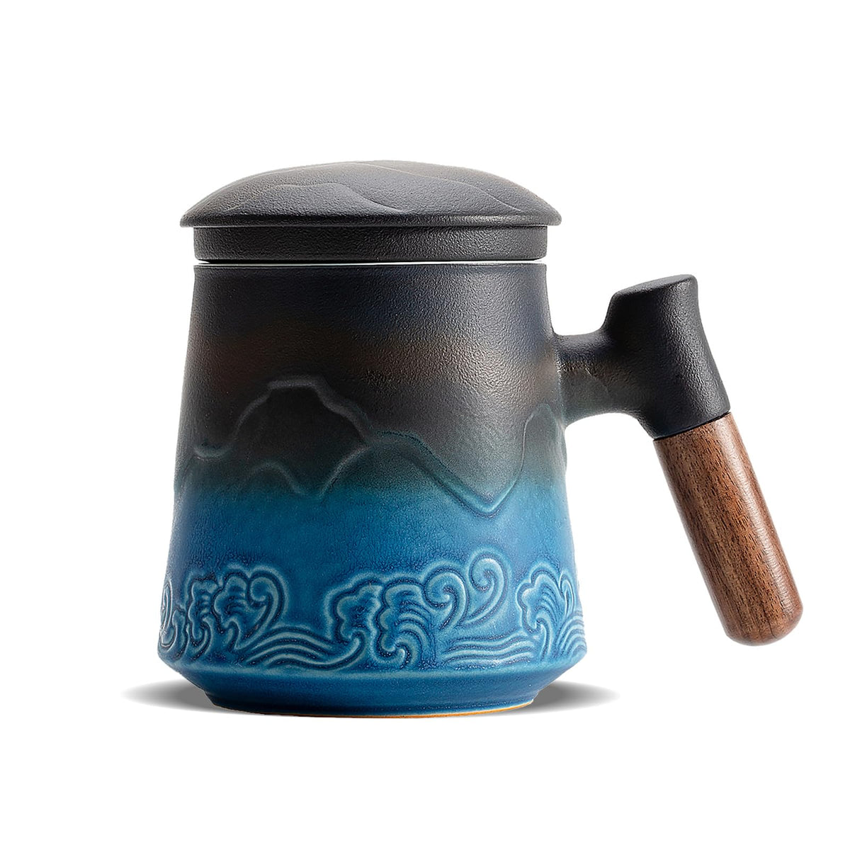 ZENS blue cup front view showing textured glaze and elegant silhouette benefit: artisan appeal