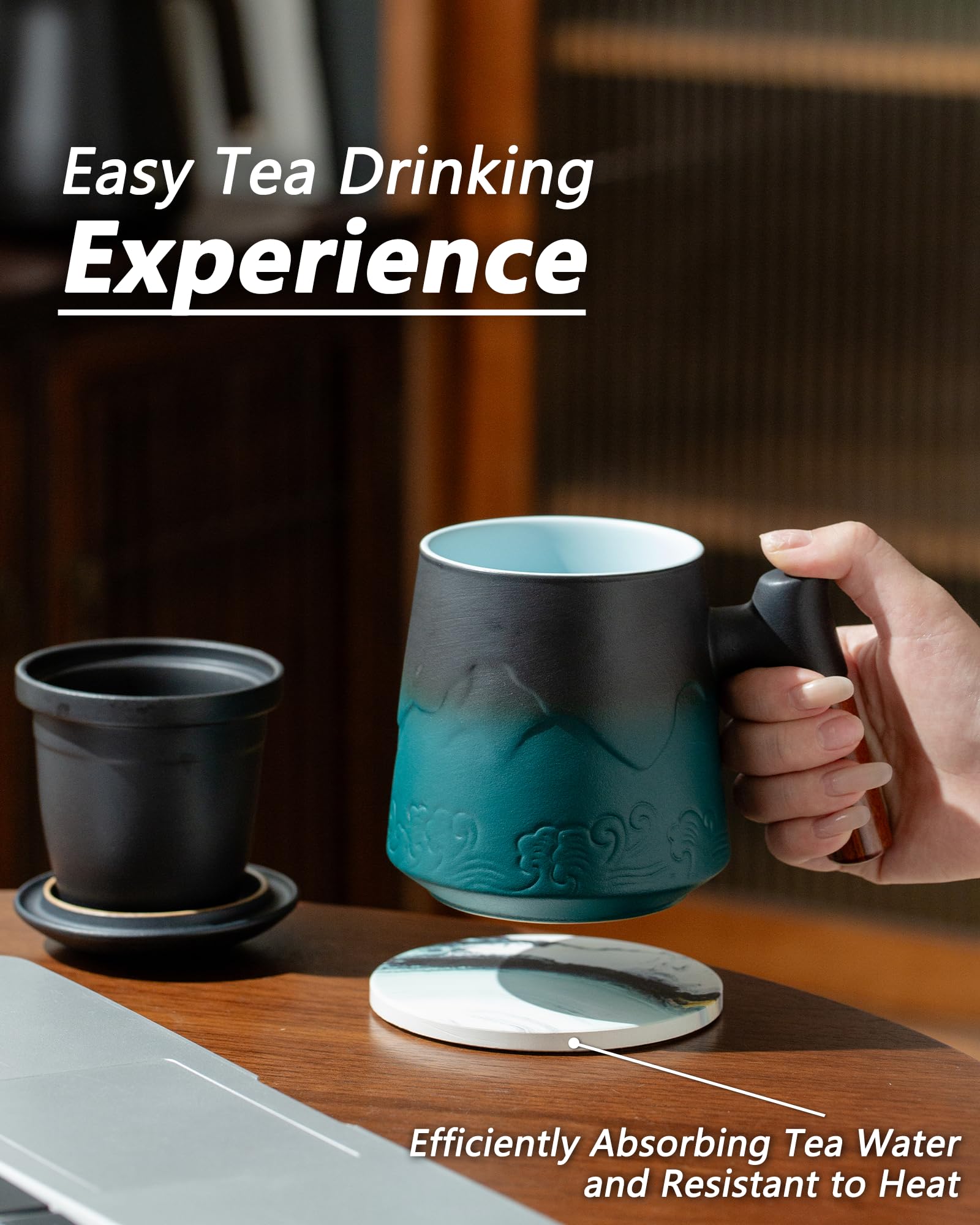 ZENS deep fine-mesh infuser inside mug ensuring fuller leaf expansion and clearer pour
