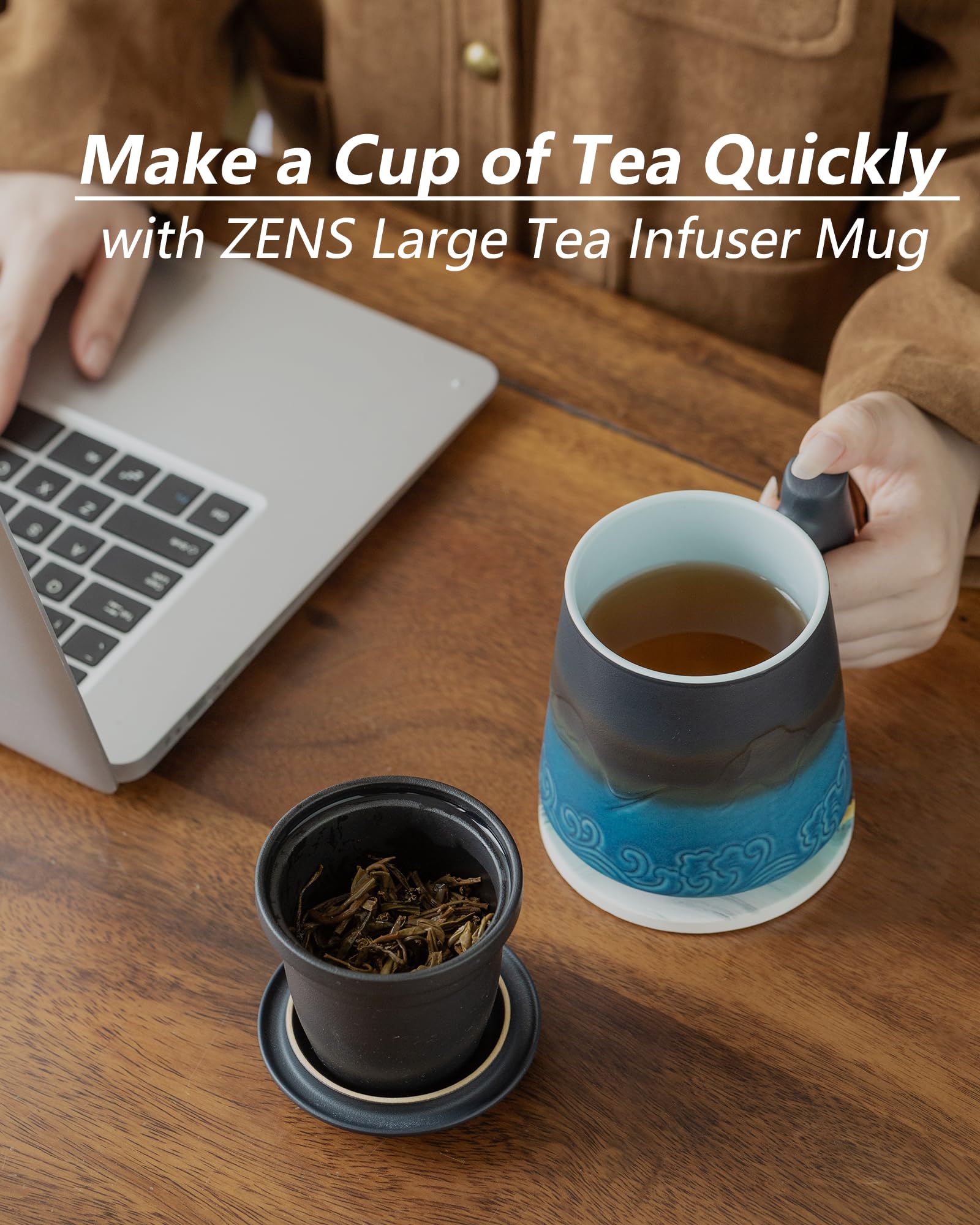 ZENS lid used as coaster demonstrating drip-catching and neatness benefit