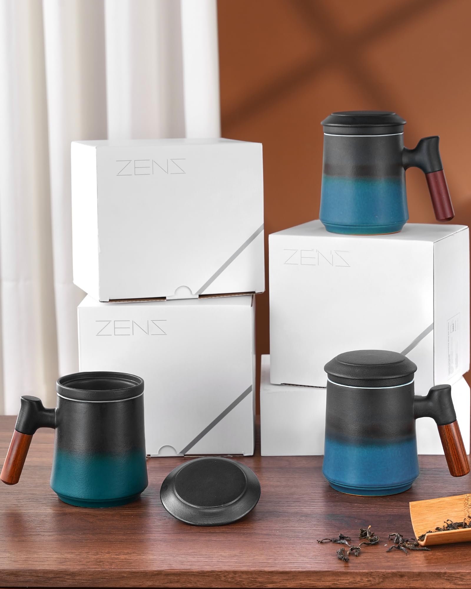 ZENS tea cup on table with cup and tea set, suggests cozy everyday lifestyle use