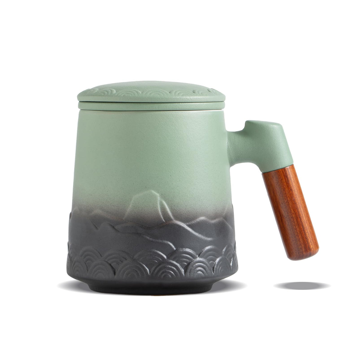 ZENS moss mug front view showing artisan glaze and functional design benefits
