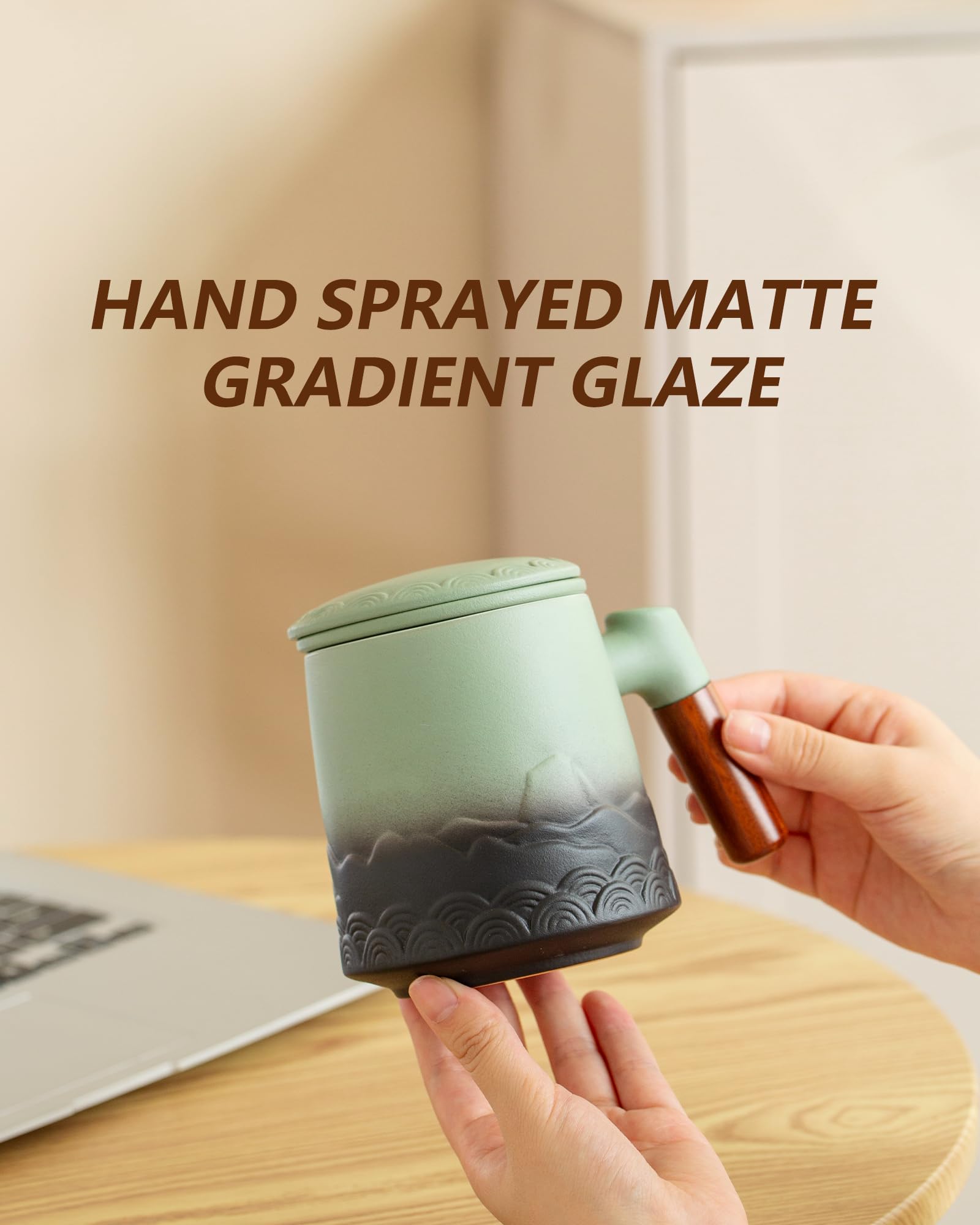 ZENS mug held in hand showing 16.9oz capacity and comfortable grip benefit