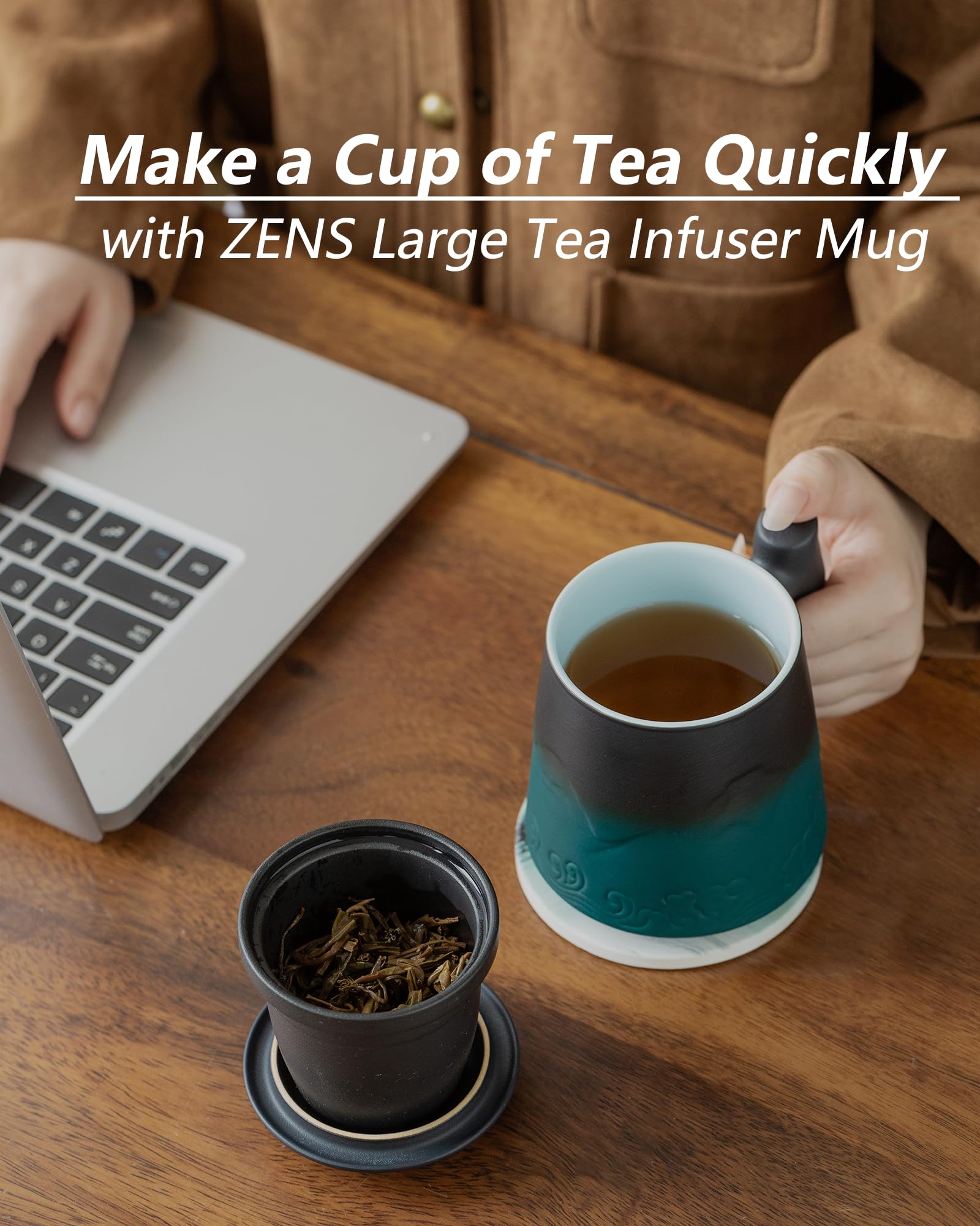 ZENS mug in use steeping loose-leaf tea for single-cup brewing enjoyment