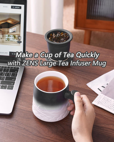 ZENS mug in hand pouring tea showcasing easy single-cup brewing convenience