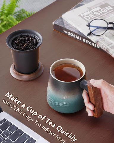 ZENS mug held to show 14.5oz scale and comfortable thumb rest