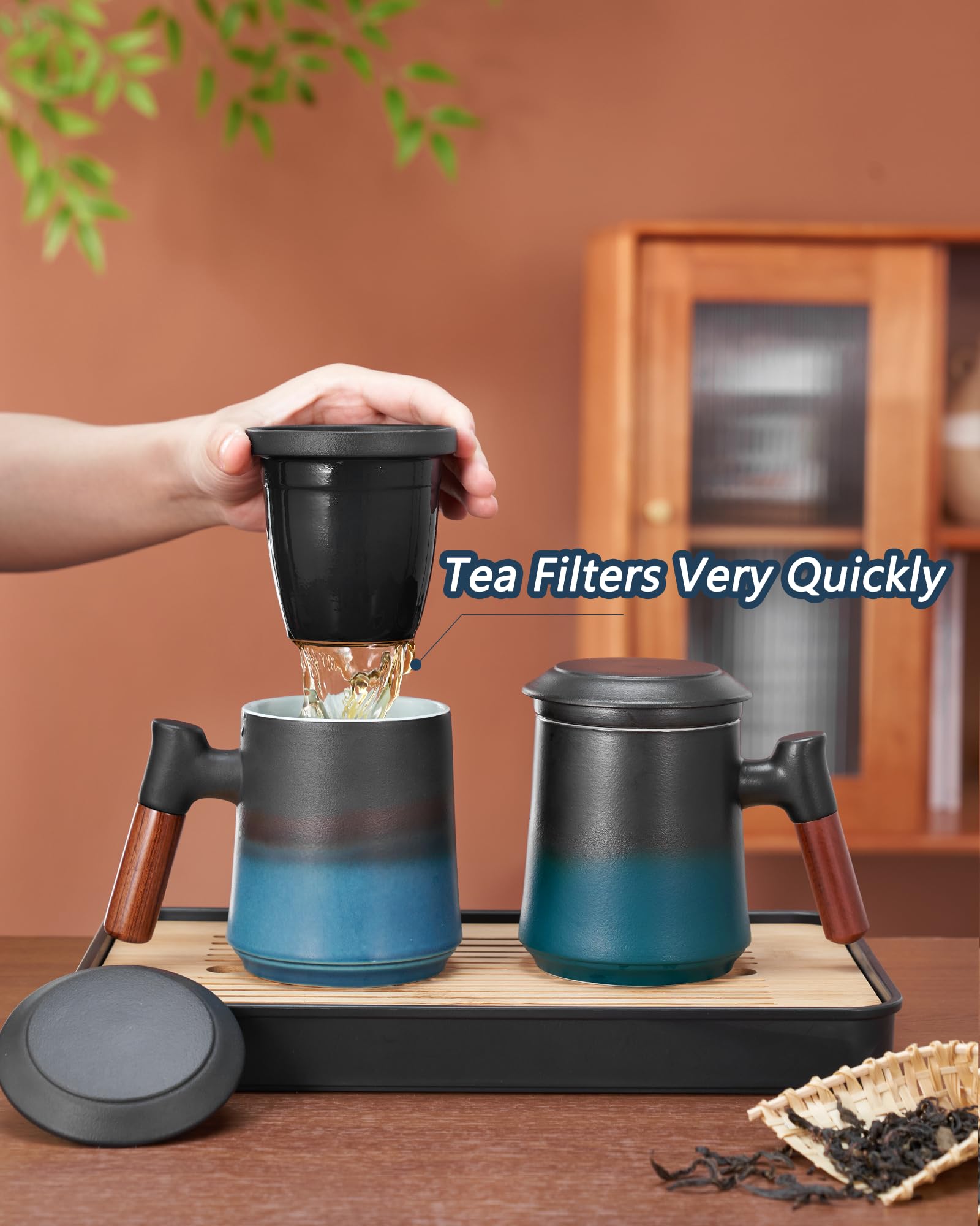 ZENS mug brewing loose leaves inside infuser, shows clear steeping and filtration