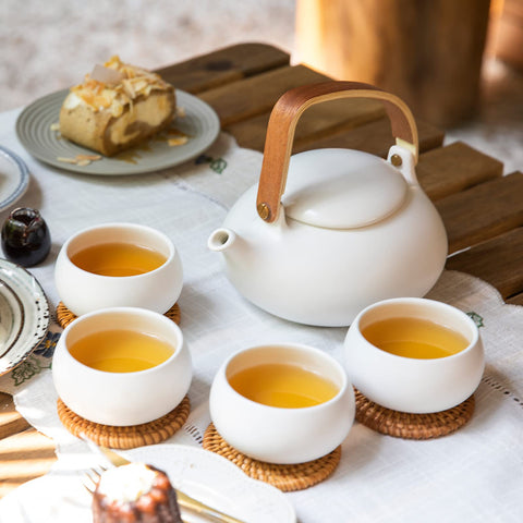 ZENS premium packaging open with foam insert protecting teapot and cups