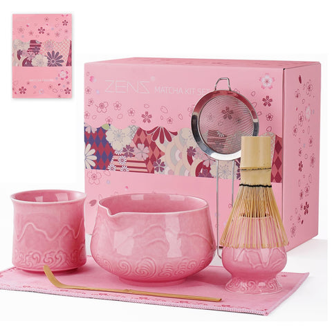 ZENS full sakura pink matcha set front view showing complete seven-piece kit and elegance