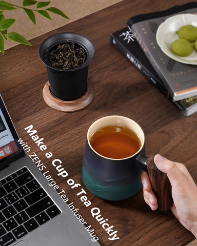 ZENS mug beside a hand for scale showing the 14.5oz serving size