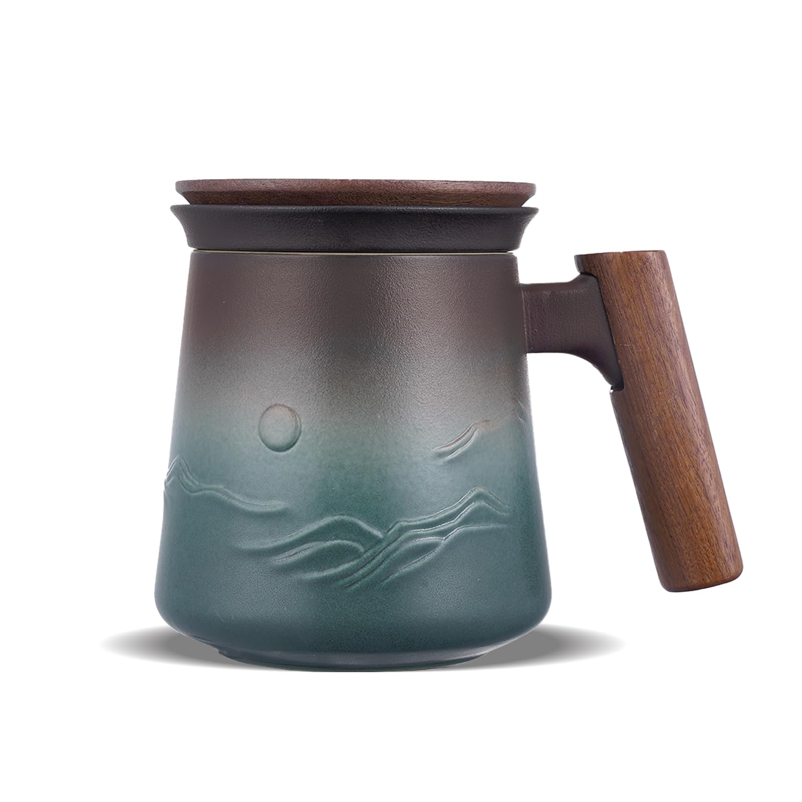 ZENS tea mug front view showing blue gradient and ergonomic handle benefits