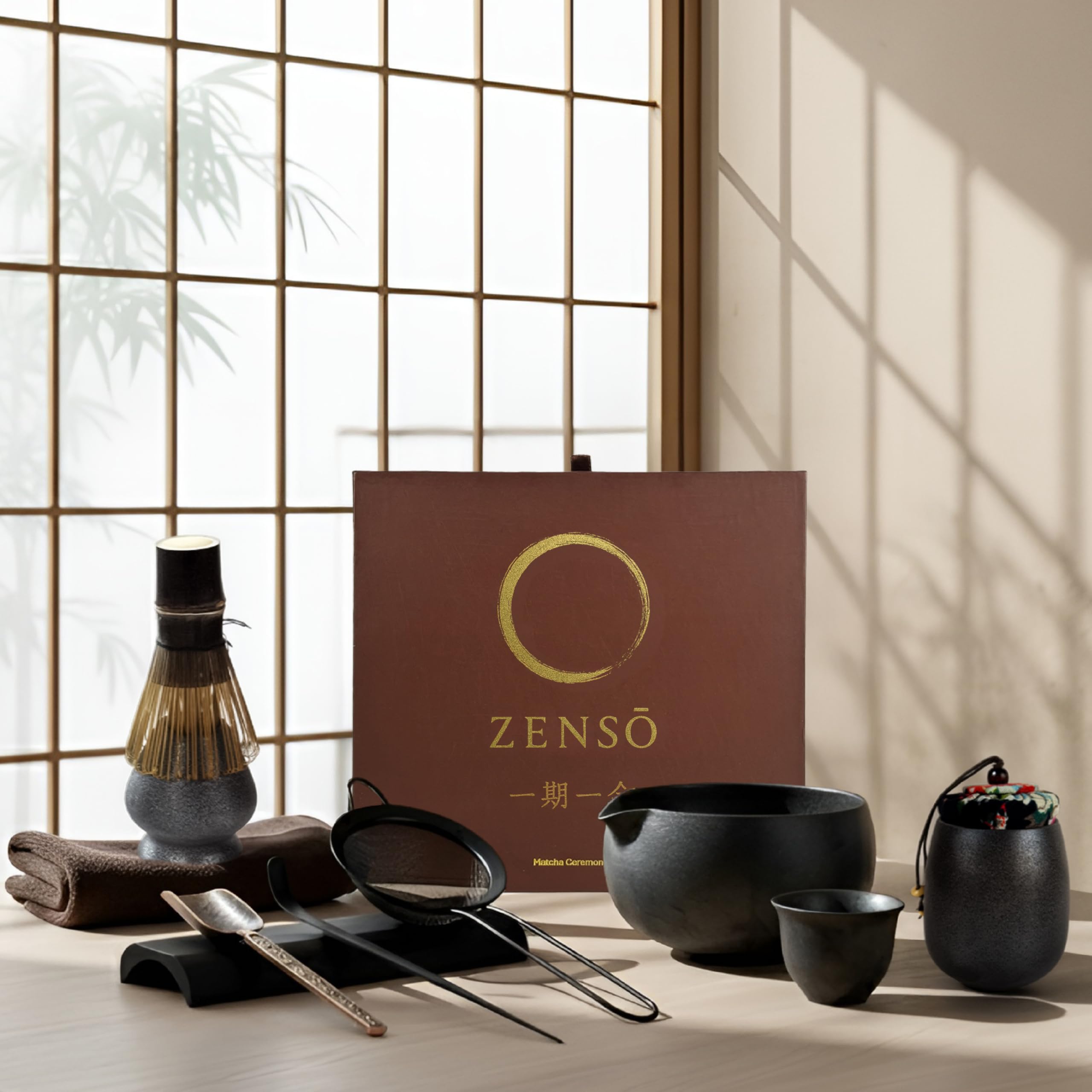 Zenso matcha set front packaging displaying all ten pieces and elegance