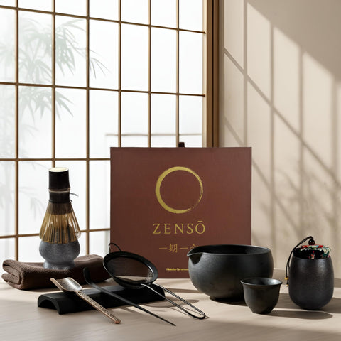 Zenso matcha set front packaging displaying all ten pieces and elegance