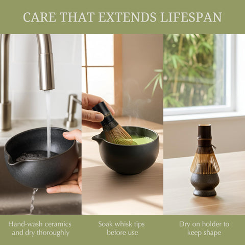 Zenso whisk holder with whisk resting to protect bamboo shape