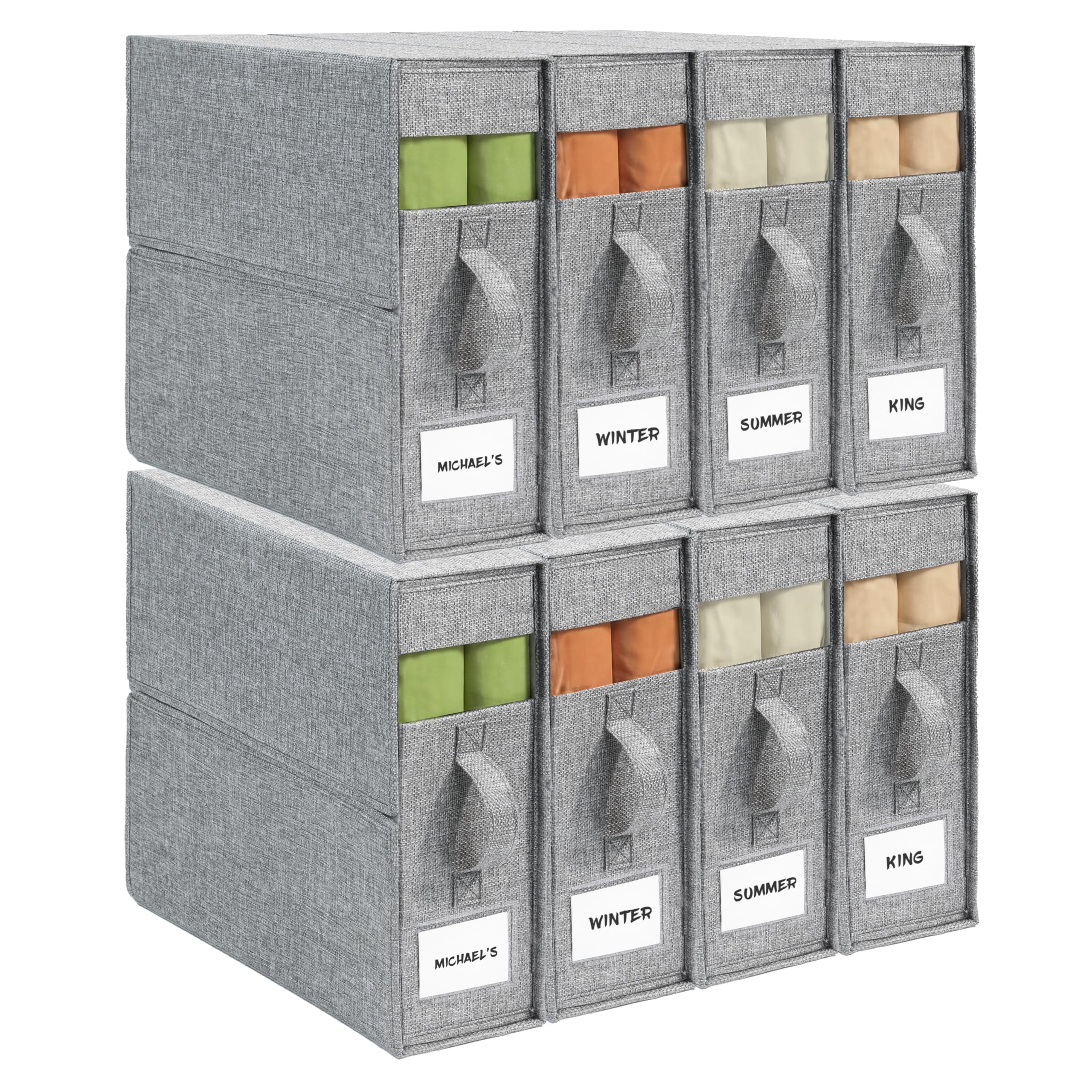 ZenStorage front view showing eight grey organizers for tidy linen storage