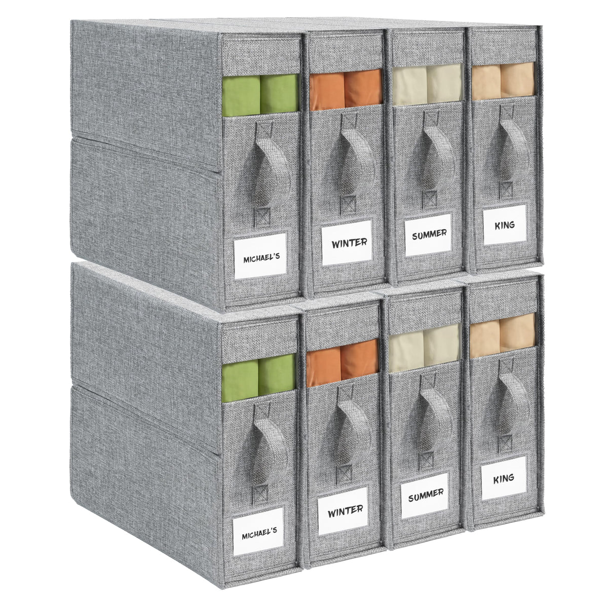 ZenStorage front view showing eight grey organizers for tidy linen storage