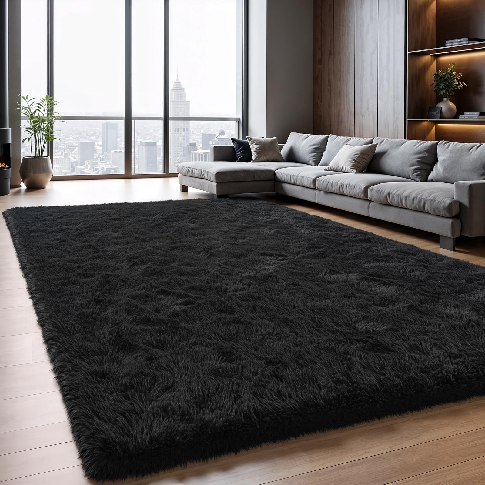Zentavio black rug front view showing plush texture and modern look