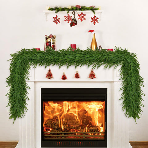 Zeqalb Norfolk Pine garland full mantel drape showcasing lush coverage and instant holiday impact