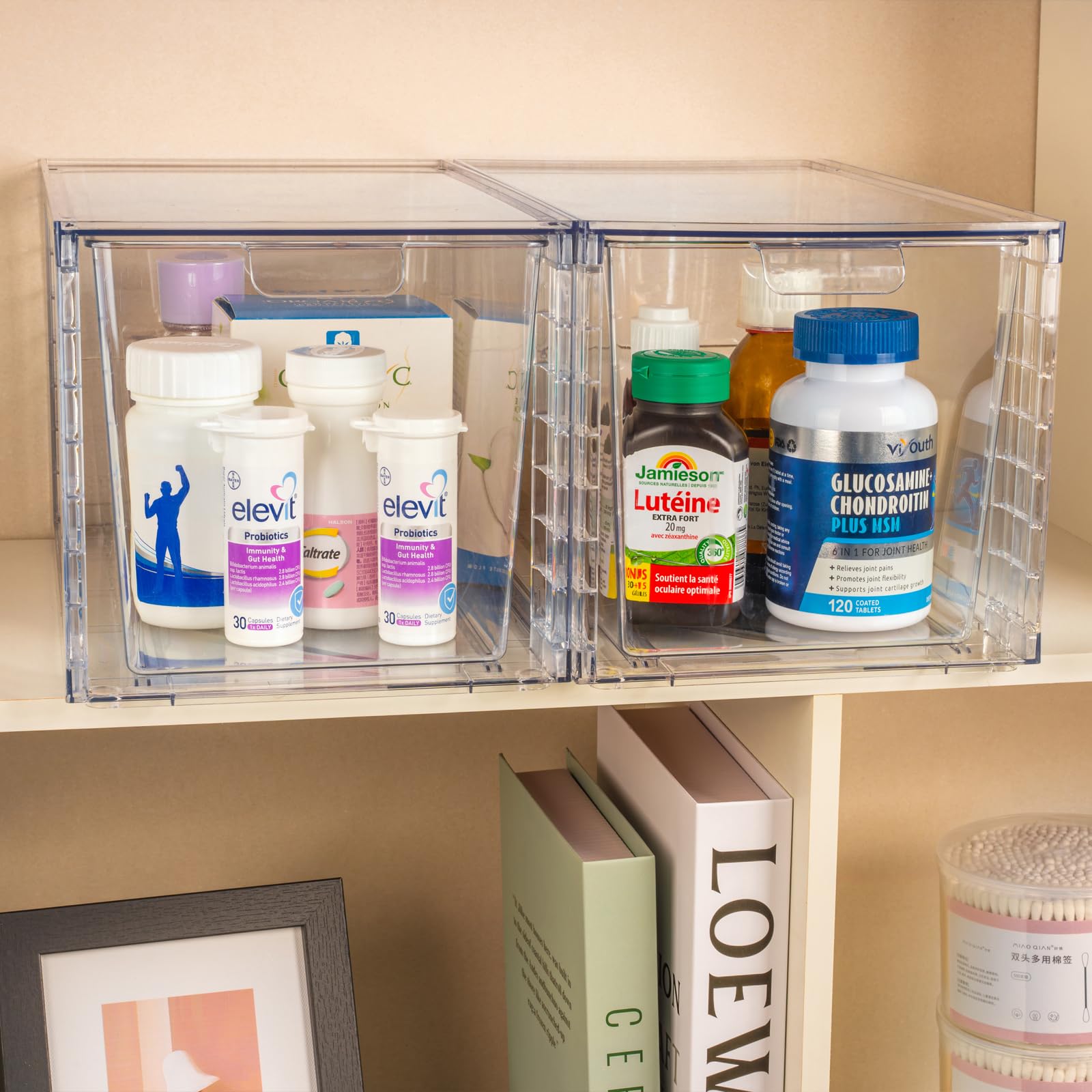Zero Zoo stacked drawers on shelf illustrating secure stacking and saved space