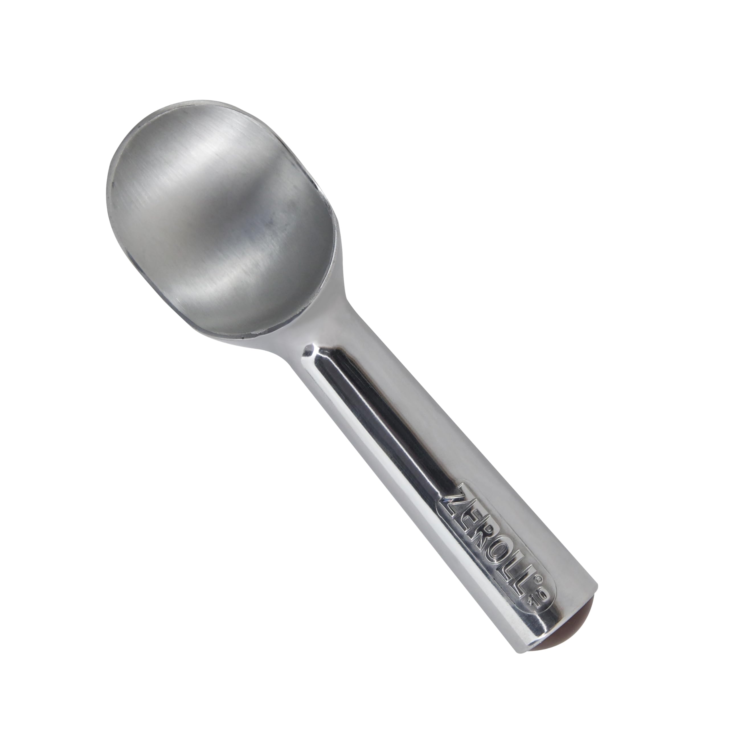 Zeroll scoop front view showing silver finish and ergonomic handle for easy serving