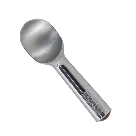 Zeroll scoop front view showing silver finish and ergonomic handle for easy serving