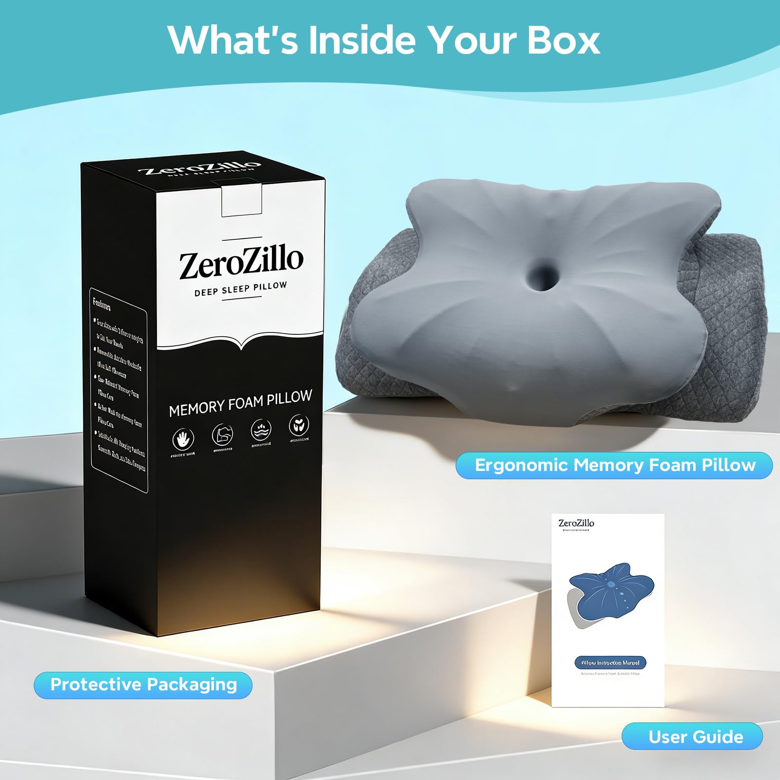 ZeroZillo pillow in bedroom lifestyle scene promoting restful, supported sleep