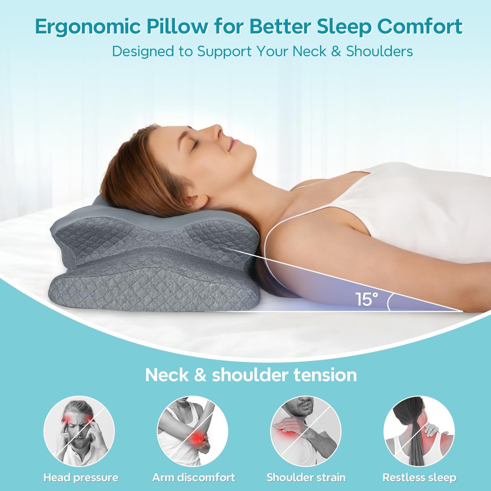 ZeroZillo pillow on bed showing scale compared to standard pillow for size reference