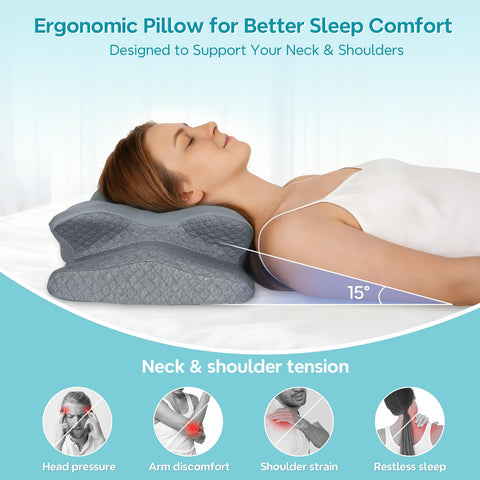 ZeroZillo pillow on bed showing scale compared to standard pillow for size reference