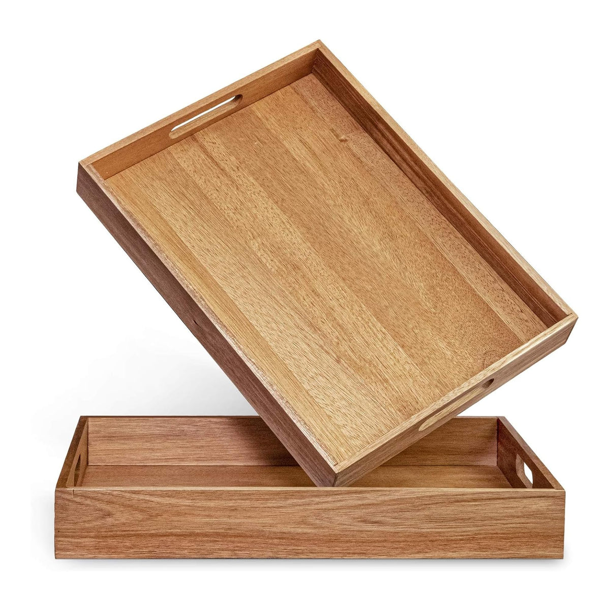 ZESPROKA front view of acacia serving tray showing rectangular shape and handles, stylish serving benefit