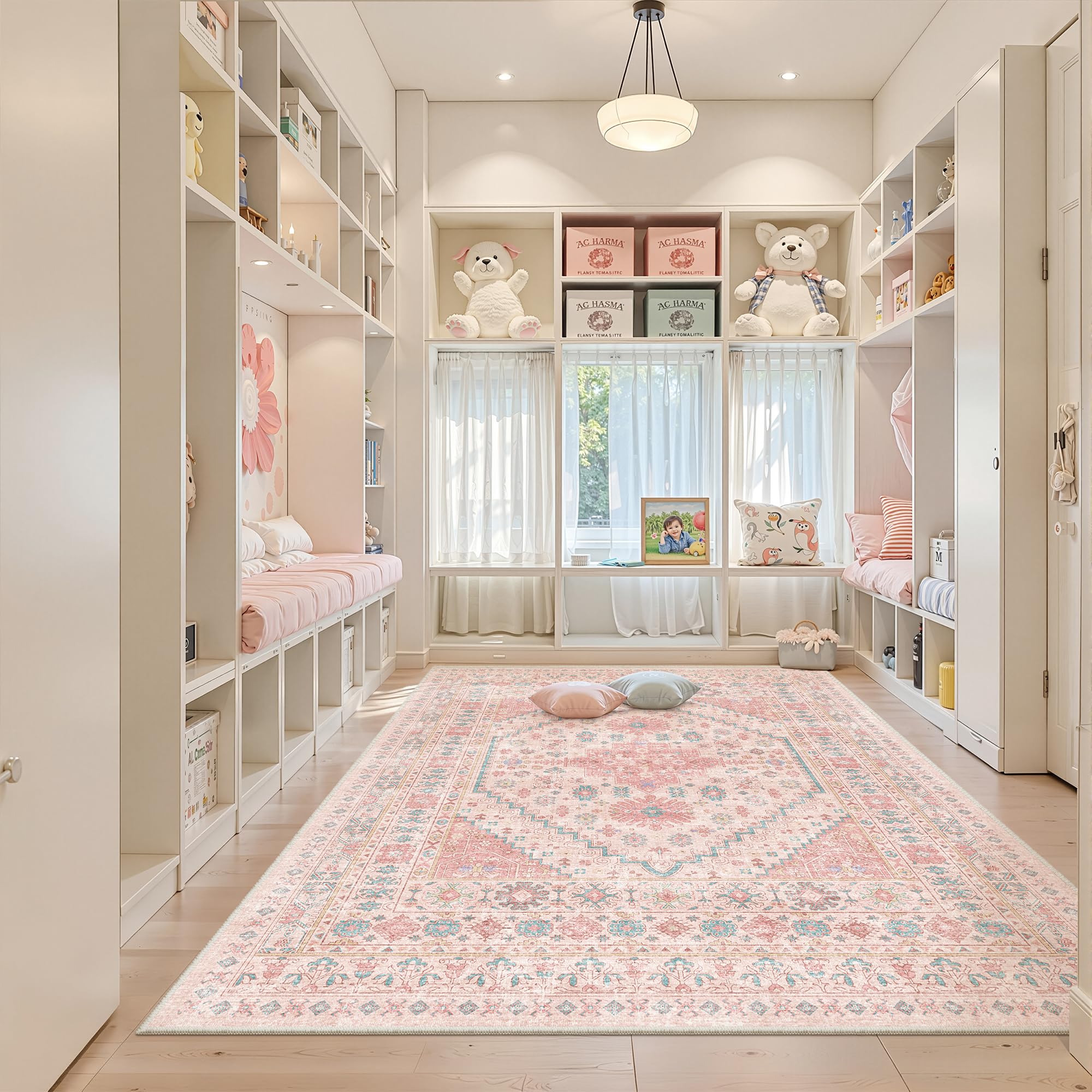 zesthome rug in playroom with toys showing kid-friendly benefit